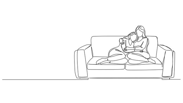 animated continuous line drawing of two women cuddling on a couch, line art animation
