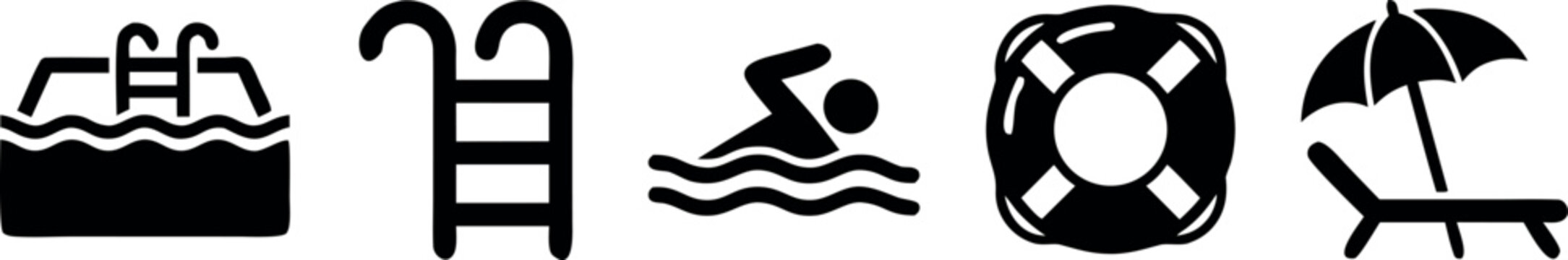 Swimming pool silhouette icon set with pool ladder, swimmer, lifebuoy and sun lounger