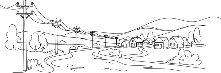 Fototapeta premium Rural Village with Utility Poles Continuous Line Art Landscape Vector Illustration