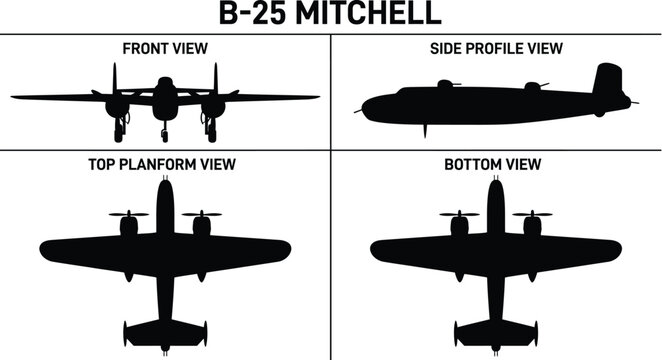 B-25 Mitchell Medium Military Bomber Aircraft 4-View Orthographic Blueprint Silhouette Vector Set