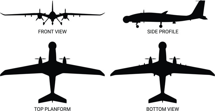Bayraktar Akinci Unmanned Combat Aerial Vehicle UCAV 4-View Orthographic Blueprint Silhouette Vector Set (Bayraktar_Akinci_aircraft_views_2K_202607220923 (1))