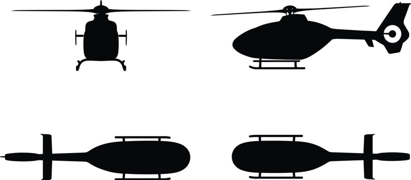 EC135 Twin Engine Utility Rescue Helicopter 4-View Orthographic Blueprint Silhouette Vector Set