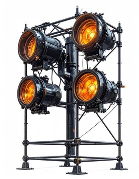 Four large, circular stage lights on a metal truss structure