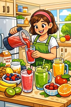 Healthy Fruit Smoothie Preparation in a Bright Kitchen
