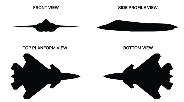 FCAS Future Combat Air System Stealth Fighter Concept 4-View Orthographic Blueprint Silhouette Vector Set
