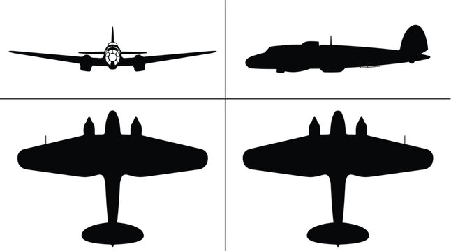 He 111 Twin Engine Military Bomber Aircraft 4-View Orthographic Blueprint Silhouette Vector Set