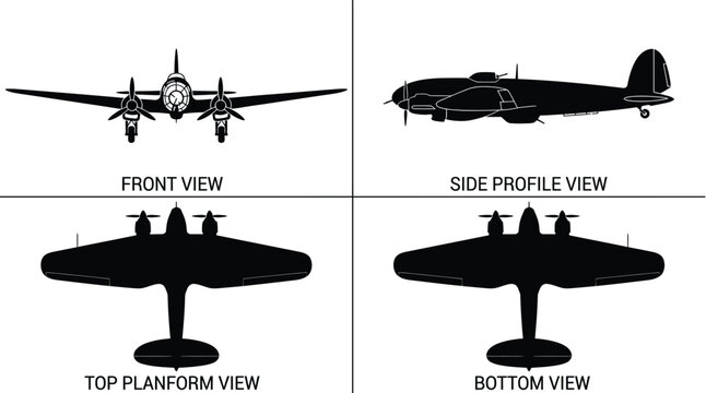 He 111 Twin Engine Military Bomber Aircraft 4-View Orthographic Blueprint Silhouette Vector Sets