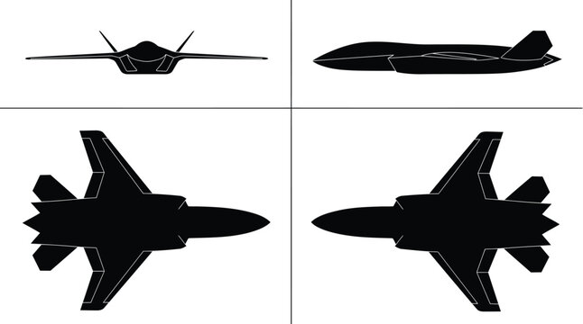 MQ-28 Ghost Bat Autonomous Loyal Wingman Stealth Drone 4-View Orthographic Blueprint Silhouette Vector Sets