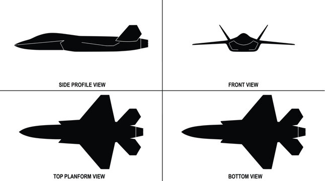 Boeing MQ-28 Ghost Bat Unmanned Loyal Wingman Drone 4-View Orthographic Blueprint Silhouette Vector Set