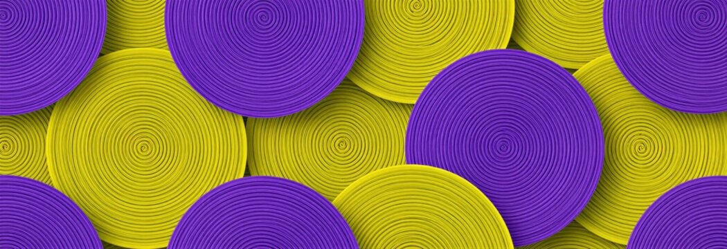Seamless pattern of stacked round table mats. Yellow and purple spiral textured discs overlap creating abstract geometric background for decor or crafts. Vibrant circular shapes.