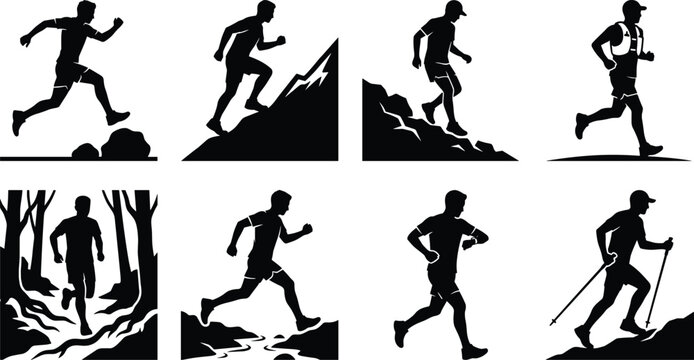 Silhouette Collection of Trail Runners Mountain Trekking Outdoor Sports and Cross Country Running Isolated on White Background