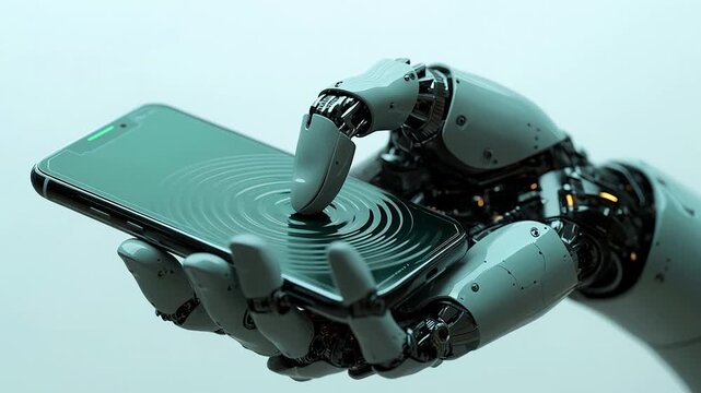 Robotic hand holding smartphone and touching screen with digital ripple effect