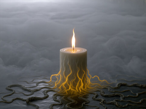 Single candle flame burning in dense fog with mystical tendrils.