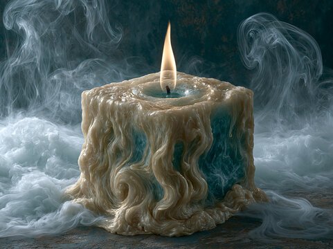 Single candle flame burning in dense fog with mystical tendrils.