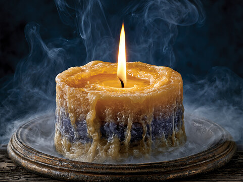 Single candle flame burning in dense fog with mystical tendrils.