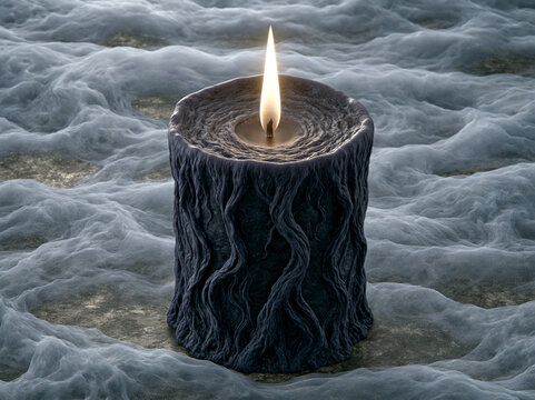 Single candle flame burning in dense fog with mystical tendrils.