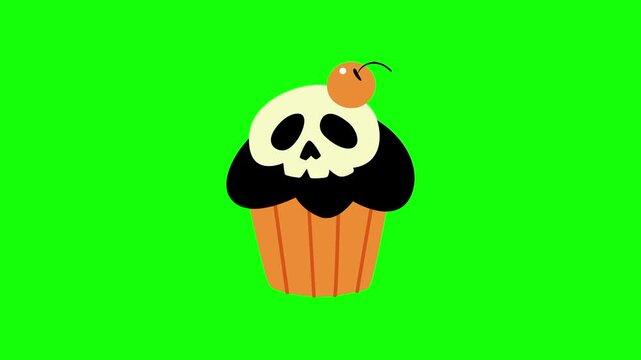 Halloween skull cupcake, skeleton muffin, trick or treat icon sign, isolated on green screen. Vector cartoon animation. Advertisement, illustration idea, party and celebration symbol. Video element