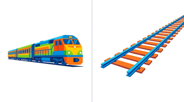 Colorful flat vector illustration of modern train and railway tracks