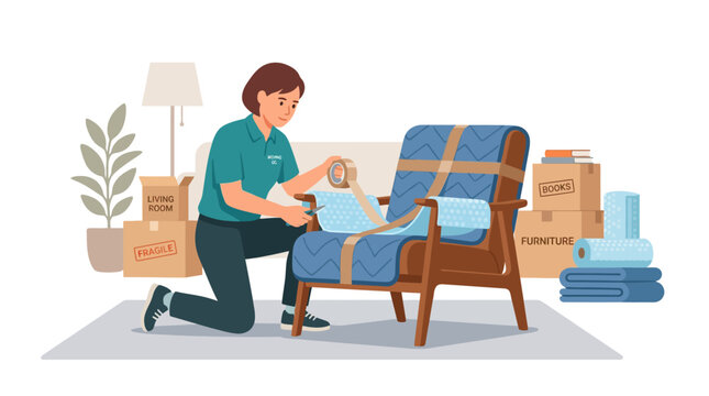 Woman packing furniture for professional relocation service.