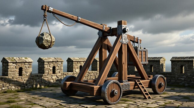 Wooden medieval trebuchet sits on stone castle battlement wall. Ancient military siege machine with heavy rock projectile hangs from rope beam. Large war weapon waits for attack on cloudy sky