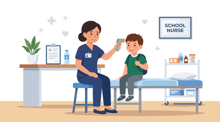 Obraz premium Pediatric nurse examining young student in school infirmary.