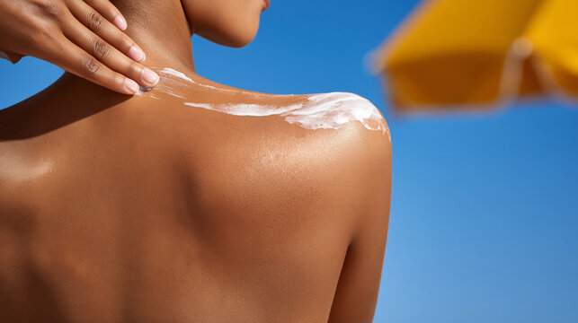 Female applying sunscreen on shoulder under clear sky