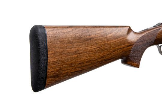 Wooden shotgun stock with rubber recoil pad isolated on white back