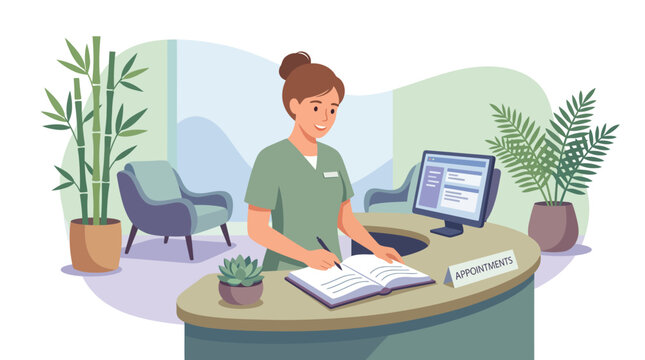 Medical receptionist working at clinic front desk.