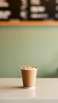 Latte art in paper cup on cafe table with blurred menu background