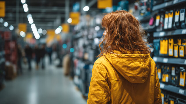 Caucasian female shopping for electronics in a store aisle
