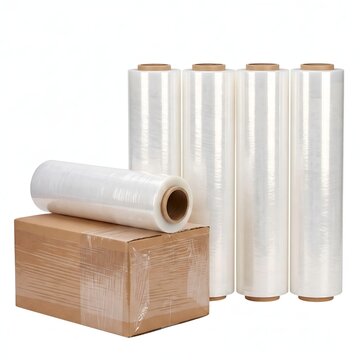 Clear plastic stretch wrap rolls and cardboard box for shipping and packaging supplies