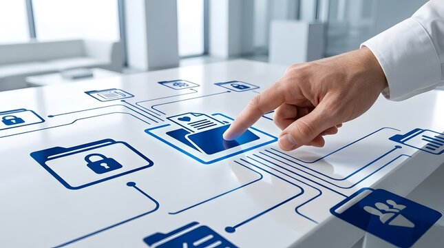 Human hand interacting with a holographic interface, selecting sensitive data or personal health records, emphasizing secure digital privacy and information management.