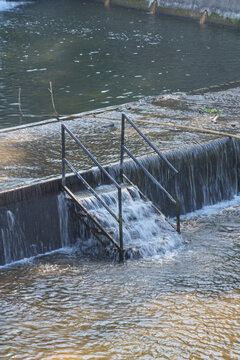 A black metal staircase submerged in water at a small river dam with flowing rapids.
