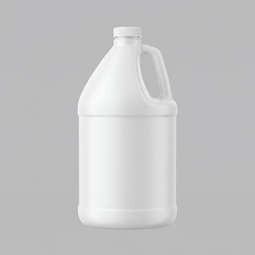Empty white plastic milk jug bottle with handle isolated on a light gray background