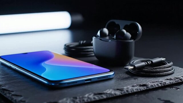 Modern smartphone and wireless earbuds with usb-c charging cable on dark slate background, high-tech gadgets and mobile accessories concept