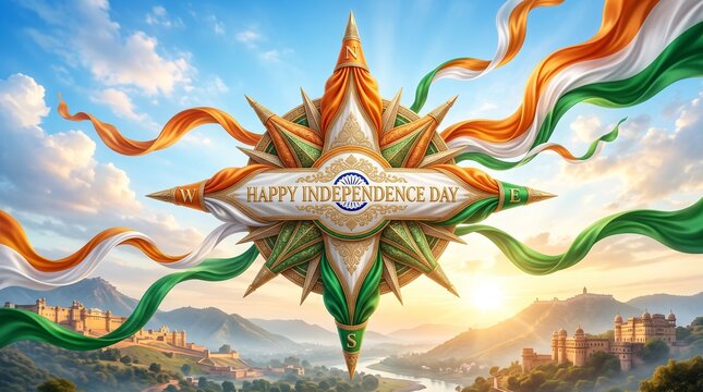 Indian independence day celebration with compass rose emblem and forts