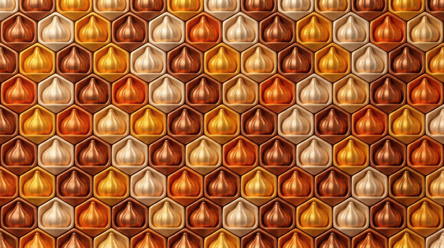 Repeating pattern of golden honeycomb cells with glossy metallic modak sweets generated using ai