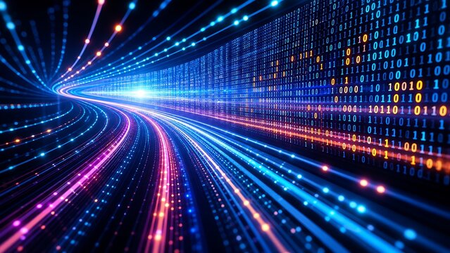 Dynamic 3D conceptual stream of glowing binary code and fiber optic light trails representing big data transfer and high-speed fiber internet connection