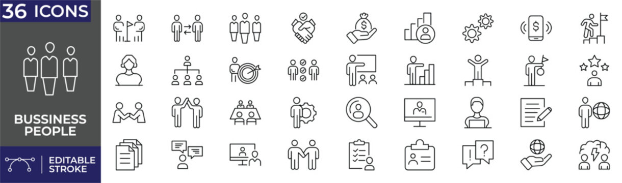 Business People 36 Icons Set. Team, Leadership, Meeting, Office and Corporate Outline Icons. Editable Stroke.