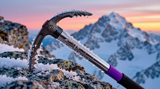 Frozen climbing tool stuck in rocky mountain terrain. Icy axe head and shaft stand against snowy peaks at sunrise. Winter adventure gear ready for ascent.