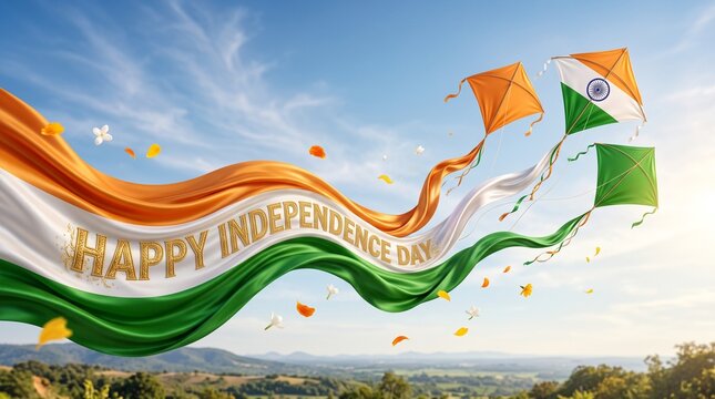 Indian independence day with tricolor flag ribbon, kites, and sky background