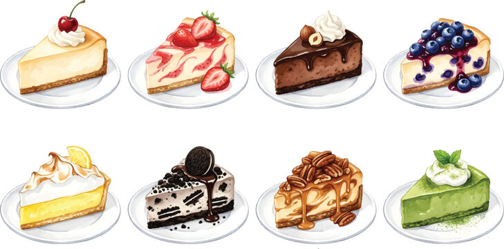 Vector Gourmet Cheesecake Watercolor Illustration Bundle with Fruit and Chocolate