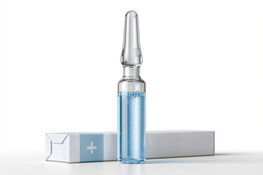 Pharmaceutical Medicine Ampoule and Carton Isolated on White Background