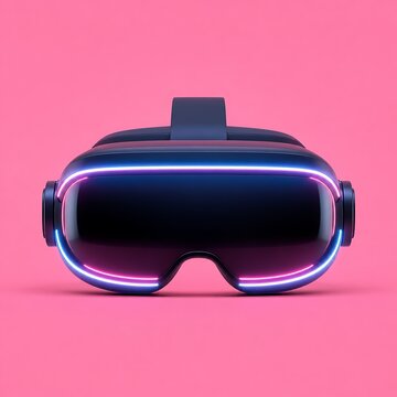 Futuristic 3D render of black VR headset with glowing neon pink light border isolated on pink background symbolizing virtual reality metaverse gaming equipment
