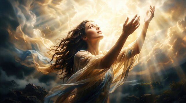 Woman reaching towards the sky with bright heavenly light shining through clouds. Conceptual representation of Ascension Day. Spiritual moment of faith, hope, and divine inspiration.
