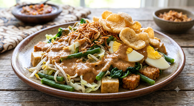 Traditional Indonesian Food Gado - gado dish served with shredded chicken, crackers, and boiled egg in a ceramic bowl