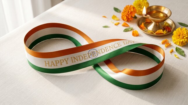 Indian independence day ribbon with marigold flowers and a traditional diya