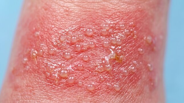 Macro detail of clustered fluid filled blisters on red skin indicating herpes or shingles
