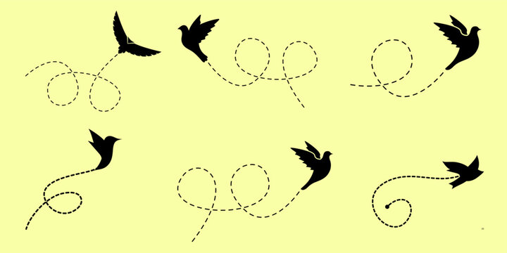 Flying bird silhouettes with dotted loop flight trail lines vector set