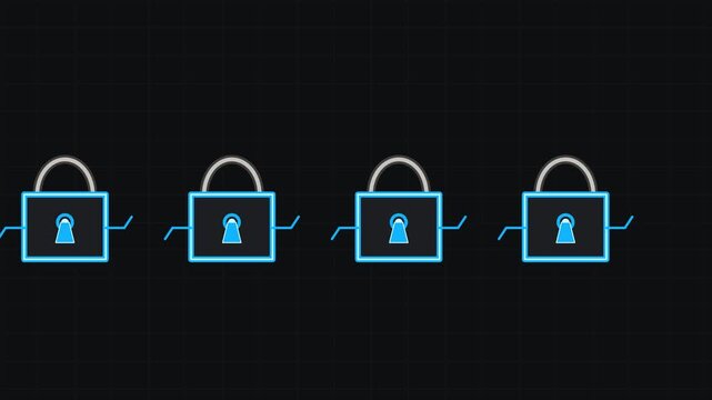 Four glowing blue padlocks secured against a dark background, symbolizing security and protection.